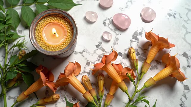 Top Down Serene Still Life of a Lit Candle Surrounded by Green Leaves Rose Quartz and Trumpet Vine Flowers on a Textured White Surface Perfect for Decoration and Promoting Relaxation and Well Being