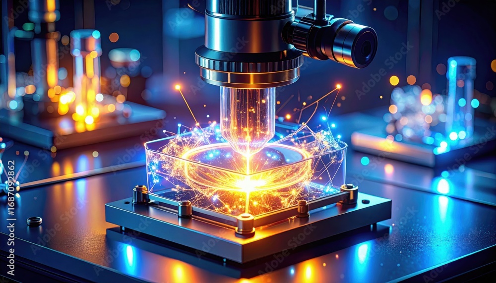 Poster a high-tech microscope captures a glowing sample, showcasing vibrant light effects and intricate det