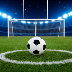 Obraz premium Soccer ball centered in a penalty circle at a stadium at night