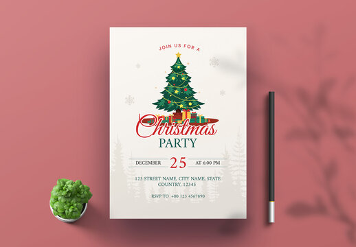 Minimal Christmas Party Invitation Card Layout with Tree Illustrations