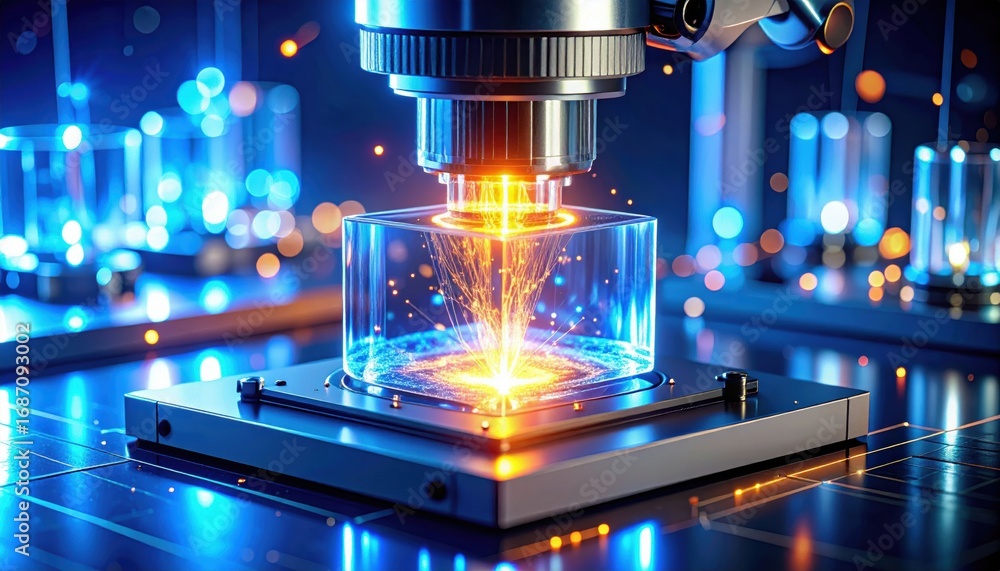 Poster a close-up view of a high-tech microscope capturing the process of laser cutting through glass, with