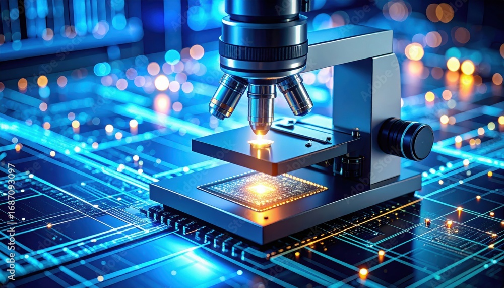 Poster a high-tech microscope focuses on a microchip, illuminated by a vibrant blue circuit pattern, symbol