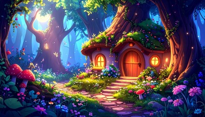 Enchanting fairy house nestled in a vibrant moonlit forest
