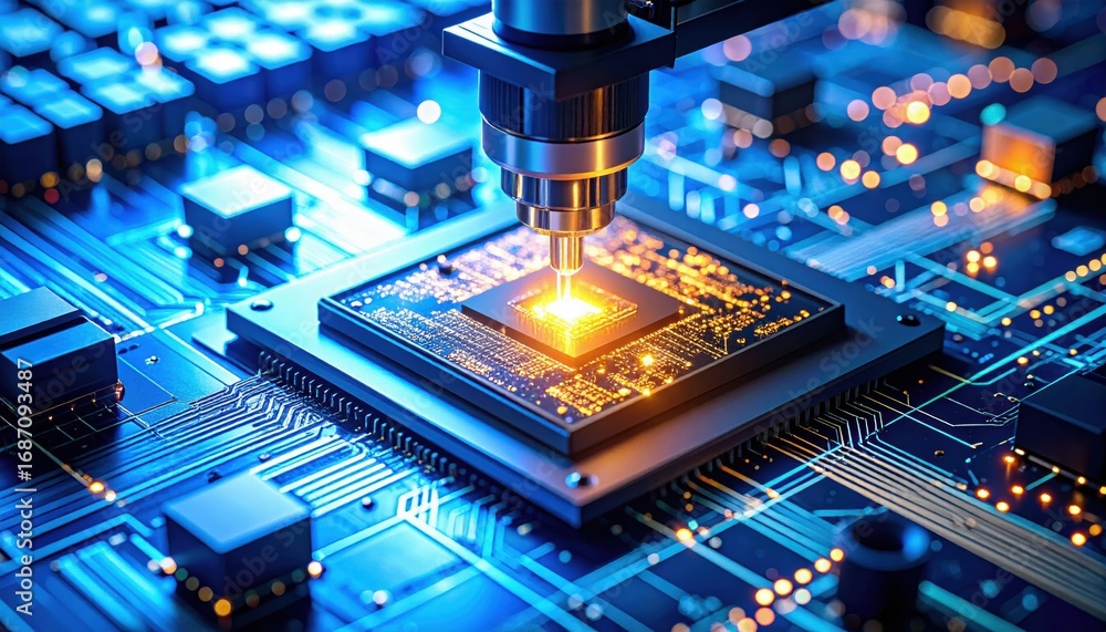 Poster a close-up of a precision laser applying technology on a microchip, surrounded by a blue circuit boa
