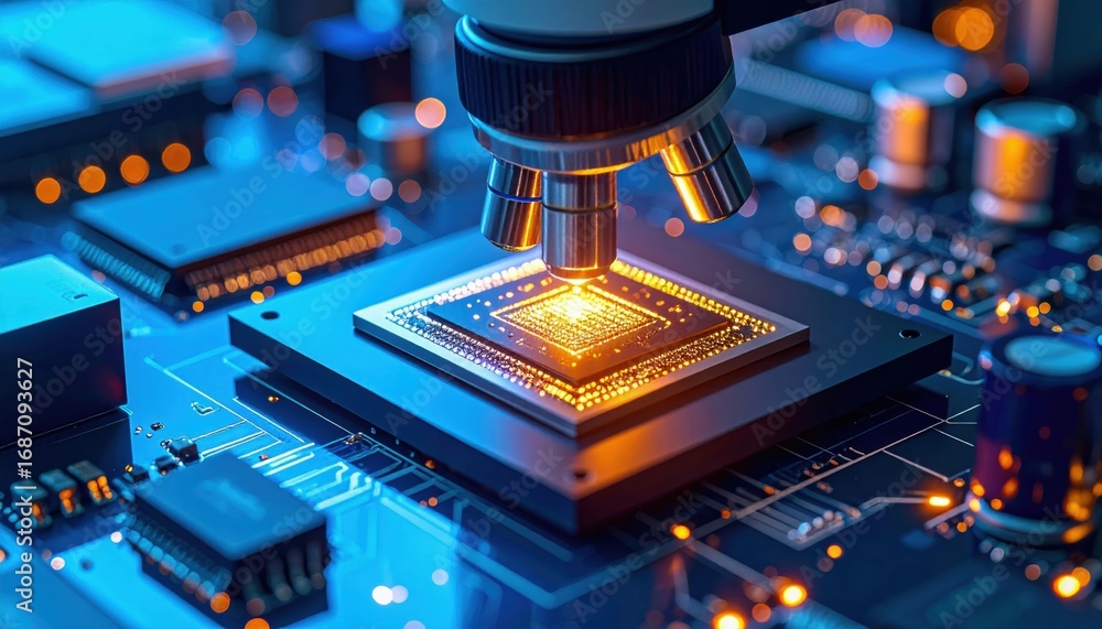 Poster a close-up view of a microchip under a microscope, showcasing intricate circuitry and glowing elemen