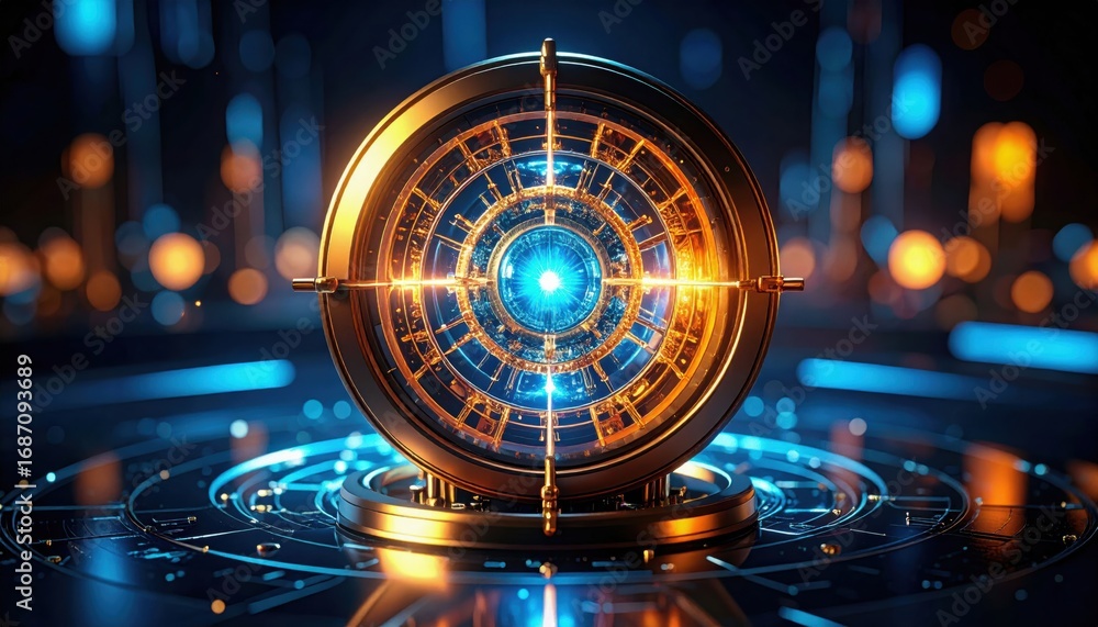 Poster a futuristic orb with glowing elements and intricate patterns, set against a backdrop of blue and or