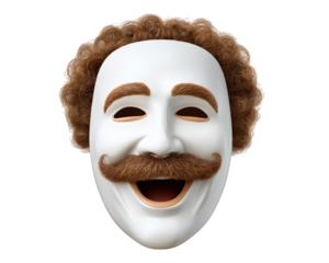 Playful comedy mask with curly brown hair, thick mustache, and expressive smile, photorealistic style, evokes cheerful and humorous emotion, isolated on transparency background