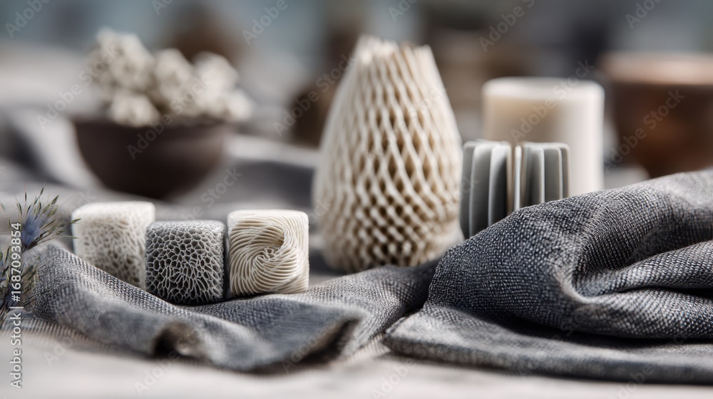 Poster scene highlighting a collection of 3d printed textile accessories arranged on fabric with the unique