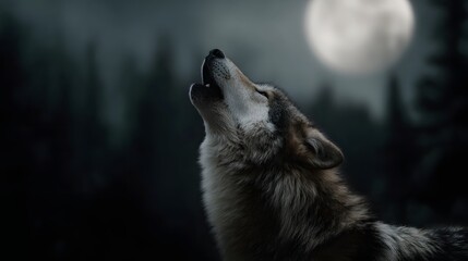 A lone wolf howls at the bright full moon on a dark misty night in a dense forest