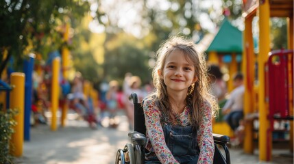 National Spina Bifida Awareness Month. portrait of a young child using a wheelchair outdoors in a sunny park, smiling with supportive parents nearby