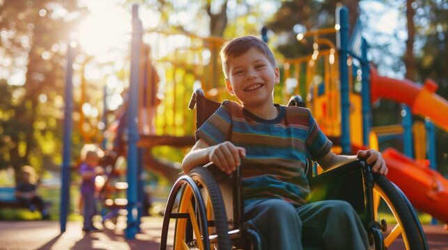 National Spina Bifida Awareness Month. portrait of a young child using a wheelchair outdoors in a sunny park, smiling with supportive parents nearby