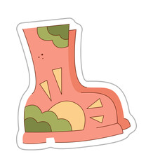 A sticker depicting rubber boots, sun and clouds. Color hand drawn clipart illustration.