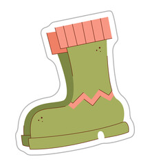 A sticker depicting rubber boots with a zigzag pattern. Color hand drawn clipart illustration.