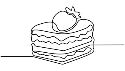 Continuous one line drawing of sliced cake food and beverage concept. Contour icon. Cheese cake with cream in single line draw illustration. One line drawing illustration of cake.