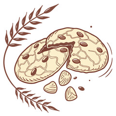 Delicious hand-drawn chocolate chip cookies with nuts and wheat