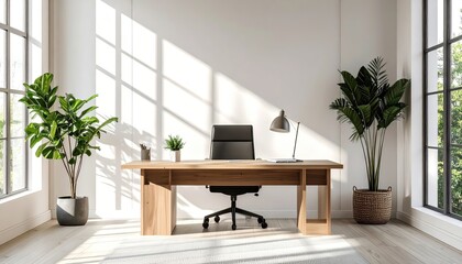 Bright Contemporary Home Office Interior with Desk and Plants