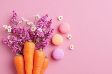 Carrots, Pink Flowers, Macarons & Daisies on Pink Background, Top-Down Flat Lay, Soft Pastel Colors