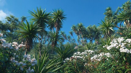 Fototapeta premium Subtropical Garden Landscape: Yucca and White Flowers Against Blue Sky, for Natural Landscape Design, Ecological Photography and Horticulture - themed Creation