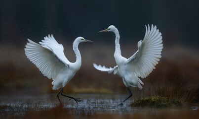Obraz premium Two elegant white cranes engage in a captivating display, flapping their wings in a serene wetland setting, showcasing their beauty and grace.