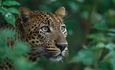 Obraz premium A close-up of a leopard's face, showcasing its striking features and beautiful fur patterns amidst lush green foliage.