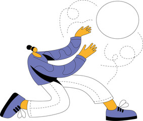 Vector illustration of a dynamic figure in a purple sweater and white pants, reaching out to catch a floating circular object, embodying movement and creativity with copy space