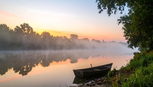 Misty river sunrise with a small boat - Powered by Adobe