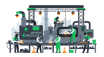 Industrial welding facility showcasing workers performing fabrication process