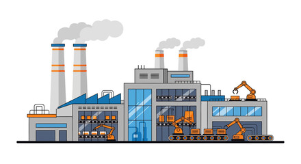 Futuristic industrial manufacturing facility with robotic arms automation