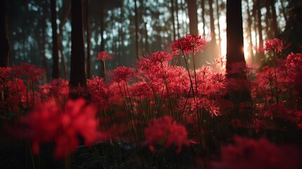 彼岸花を照らす朝日