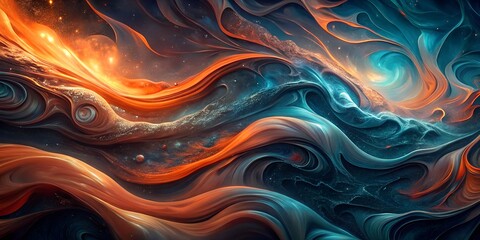 Abstract swirling fluid art with vibrant orange and deep blue, intricate patterns and texture