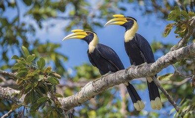 Obraz premium Two vibrant toucans perched on a tree branch, surrounded by lush green foliage and a bright blue sky.