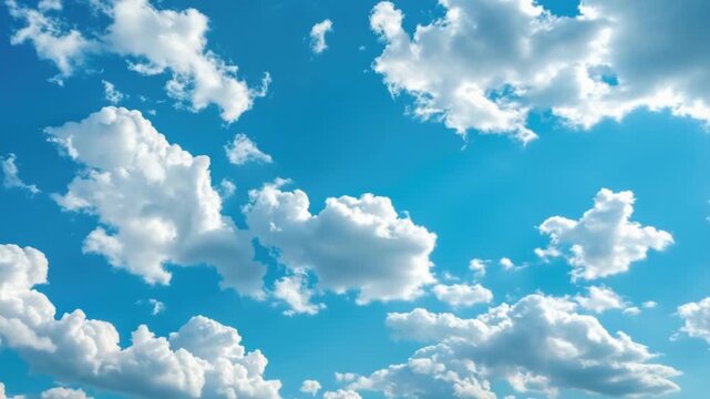 A plane flying through a blue cloudy sky with some clouds and sunlight