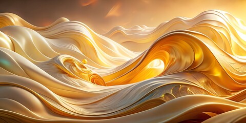 Golden waves of liquid silk or sand dunes under a warm, glowing sunset sky