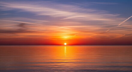 Fototapeta premium A serene sunset over the ocean with vibrant colors and soft clouds creating a peaceful atmosphere