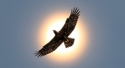 Fototapeta premium Eagle flying towards sun in sky