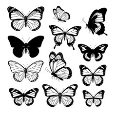 Set of black and white butterfly silhouettes, simple vector, minimal style, isolated on white background
