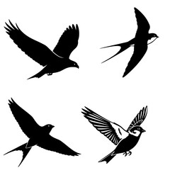 Flying bird silhouettes set, black and white vector, minimal, isolated