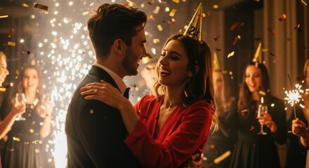 Couple dancing at New Year's Eve party with sparklers and confetti