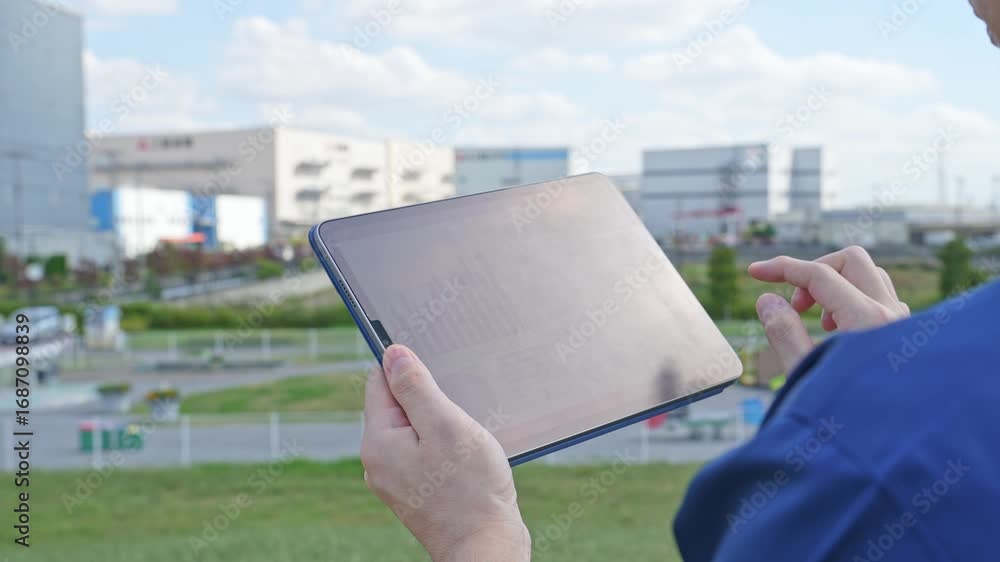 Poster タブレット、dx、点検、チェック、確認、検査、画面、建設、工事、工場、倉庫、産業、ビジネス、エンジニア、作業員、道路、交通、青空、環境、メンテナンス、設計、測量、土地、不動産、製造業、gps、ナビゲー