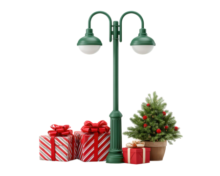 Christmas lamppost with festive gift boxes and decorated tree, joyful holiday scene with red ribbons, green foliage, and seasonal ornaments, perfect for winter celebration