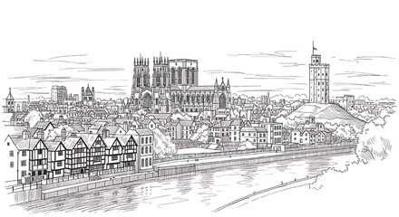 Fototapeta premium York Minster viewed from the River Ouse in York, England. A detailed hand-drawn black and white sketch of the historic Gothic cathedral.