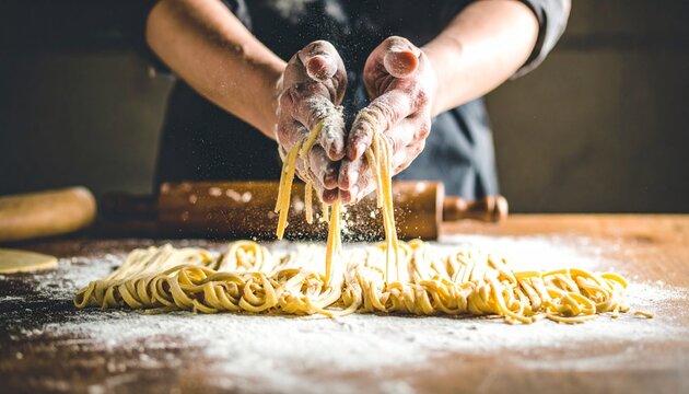 Flour-Dusted Hands Shaping Fresh Pasta on Rustic Wooden Table