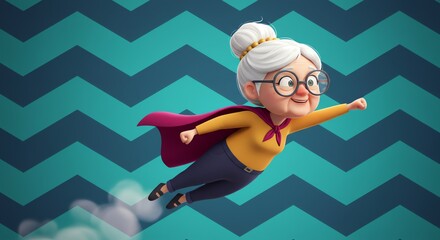 Elderly woman superhero flying with cape