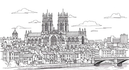 York Minster viewed from the River Ouse in York, England. A detailed hand-drawn black and white sketch of the historic Gothic cathedral.