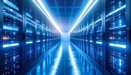 Data center servers glow with blue light in a long, futuristic corridor, showcasing technology and innovation in a modern, hightech environment.