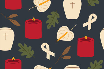 All Saints’ Day, All Souls’ Day seamless pattern with candle, urn, autumn leaves, anthurium and mourning ribbon; symbol of remembrance, grief and prayer- vector illustration