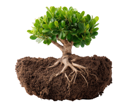 Young tree seedling with roots exposed, vibrant green leaves, healthy soil, nature element, growth concept, isolated on transparency background, environmental conservation