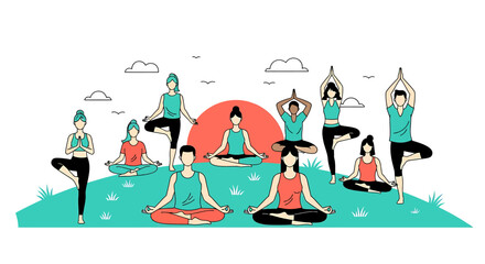 Fototapeta premium Diversity in yoga class shows harmony and wellness through mindful poses