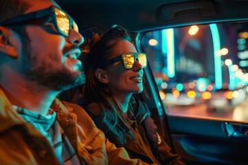 Fototapeta premium Young couple wearing futuristic glasses driving in car at night