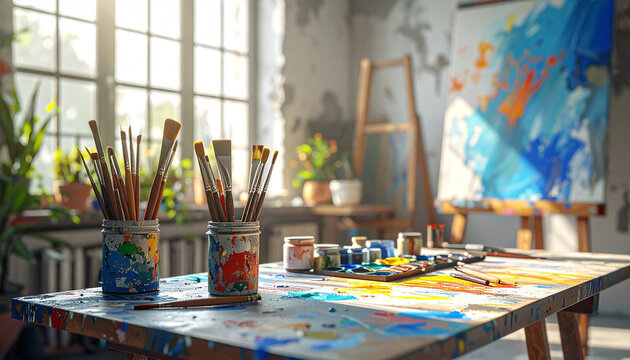  Artistic Creation: A Close-Up of Art Supplies and Paint in a Contemporary Studio